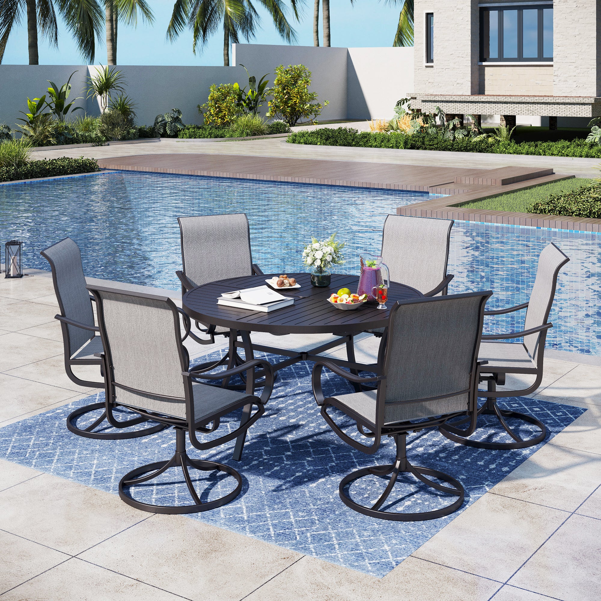 Captiva Designs 7pc Black Round Slatted Steel Table with Umbrella Hole & Textilene Swivel Chairs