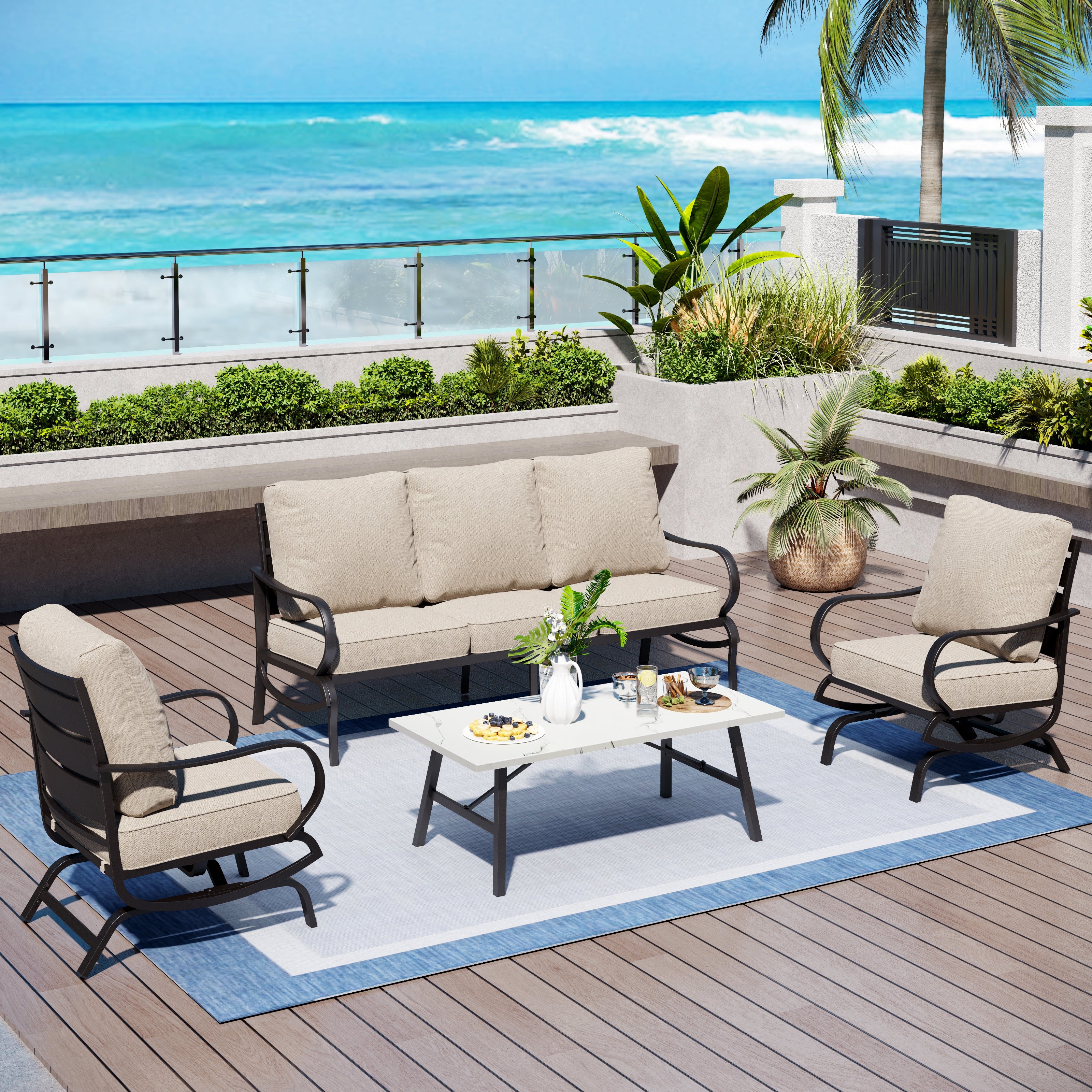 Captiva Designs 4 PCS Metal Patio Furniture Conversation Set with Rocking Armchairs for Garden Porch Backyard
