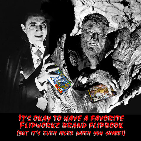 Dracula and Werewolf holding Flipworkz flipbooks