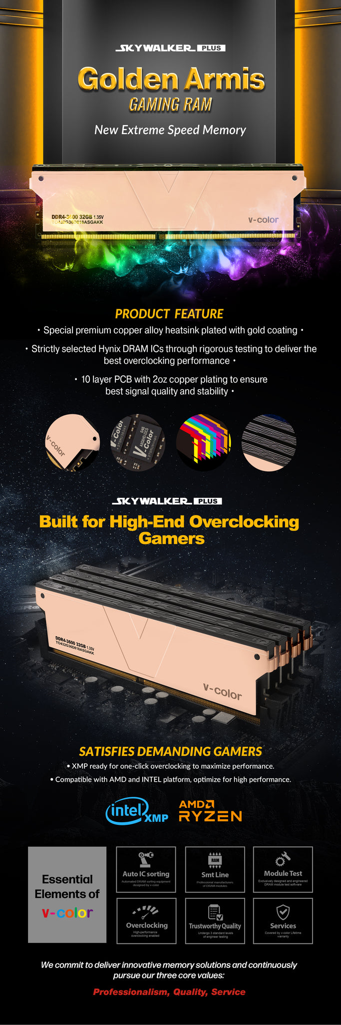 Golden Armis Skywalker Series 64GB(32GBx2)DDR4 DRAM 3600MHz CL18 Overclocking Memory