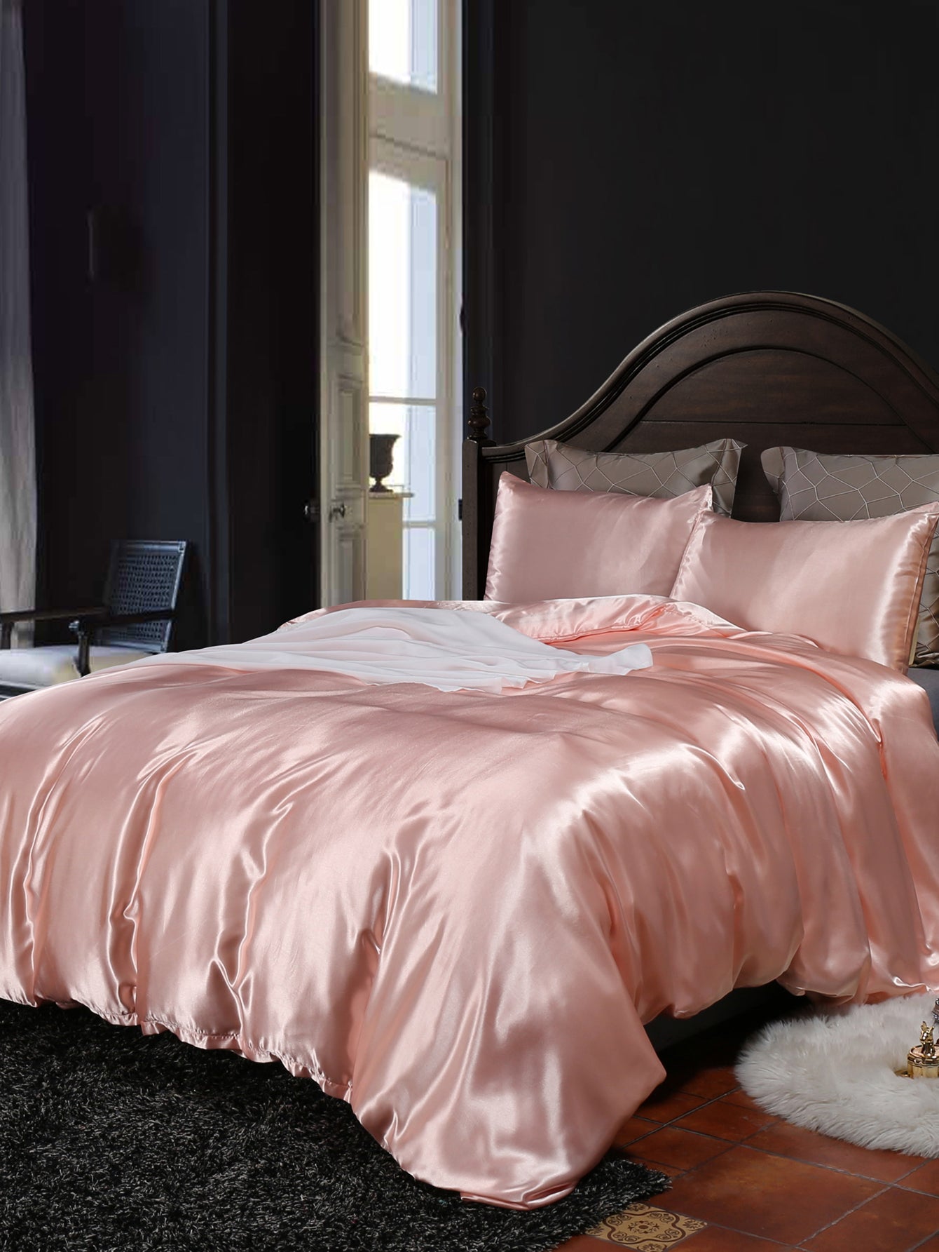 Move Over White Satin Ruffle Bedding Sets Solid Color Pattern Silk like  Satin King Duvet Cover Set No Filling 