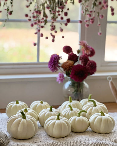 small white pumpkins laying on counter with bouquet of dahlias in the background