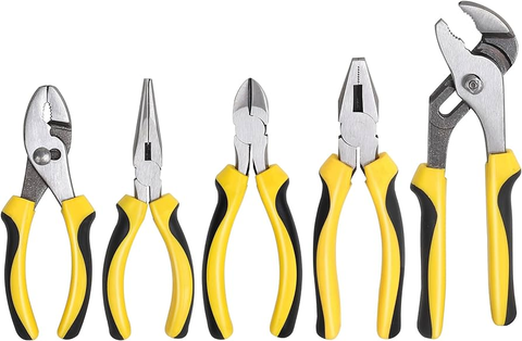 A pliers set grips, twists, and cuts for various household tasks