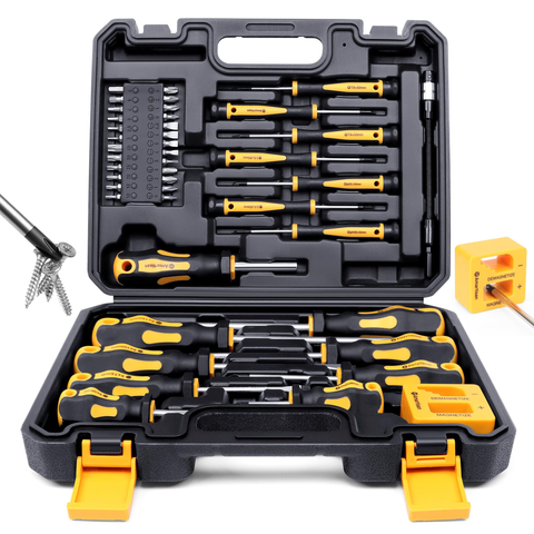 A screwdriver set tackles various screw types with ease