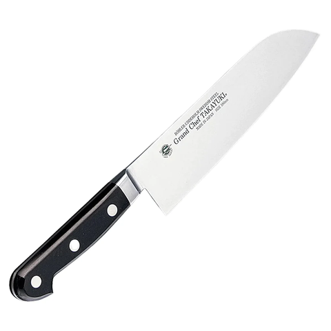 The Santoku, meaning "three virtues," excels at slicing, dicing, and chopping with its unique design.