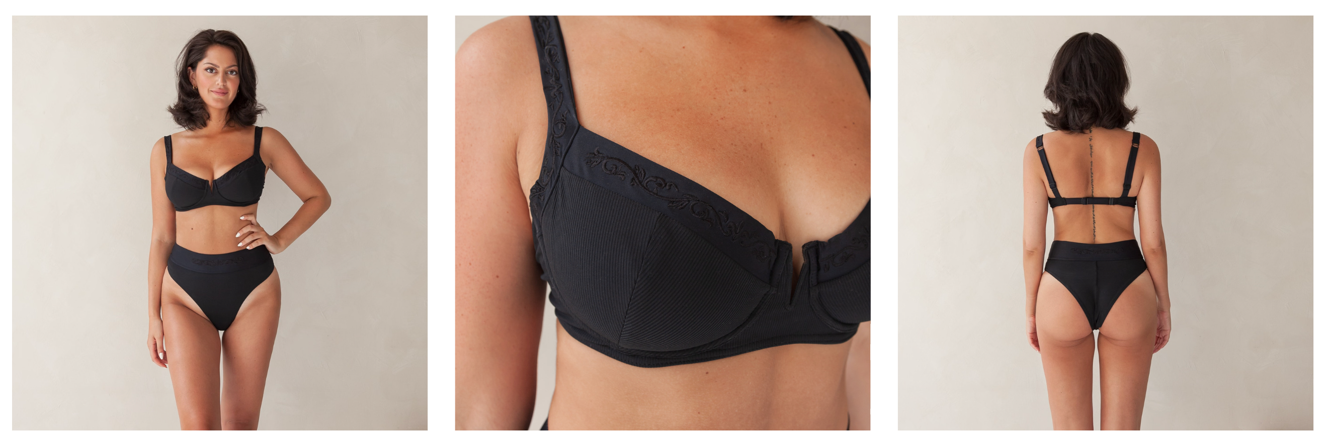 Bikini top balcony underwire and cheeky bikini bottom high-waist black with rib fabric & embroidery, woman front