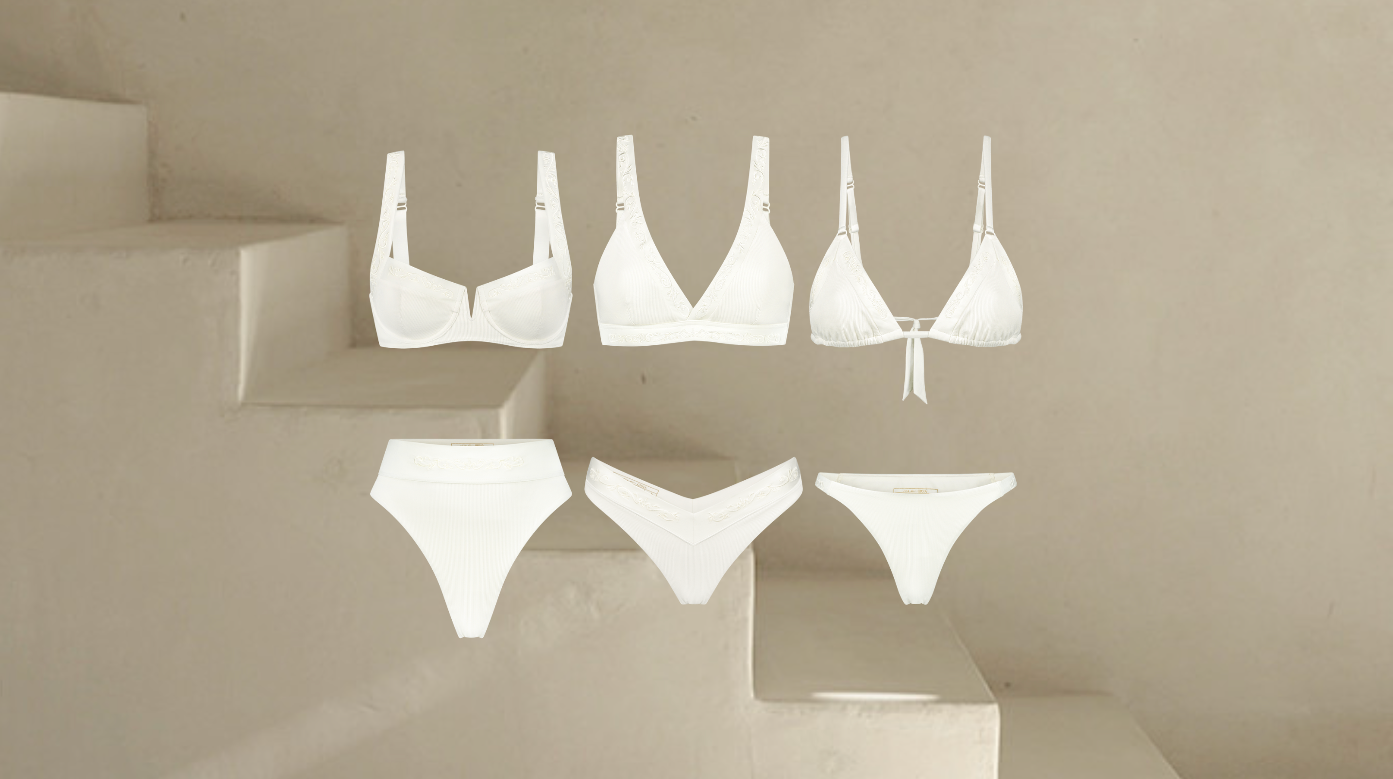 All bikini sets in ivory white with staircase background