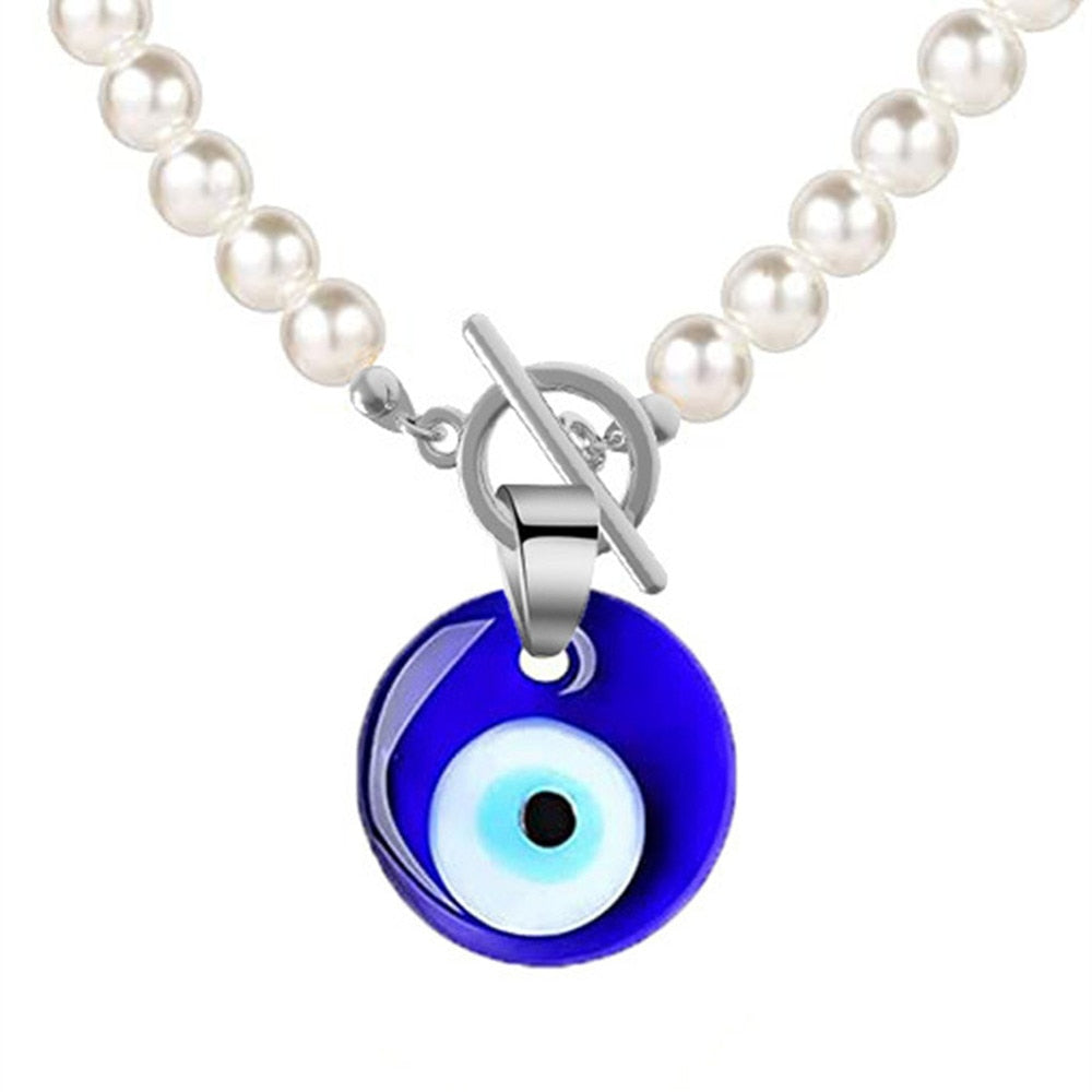 Jewelry 30mm Blue Evil Eye Pendant Necklace Glass Eye Round Charm Pearl Chain Necklaces Gold Silver Colares