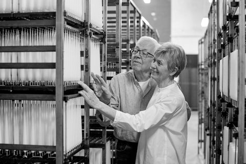 Erik and Ester, the Company Founders, inspecting frames of candles