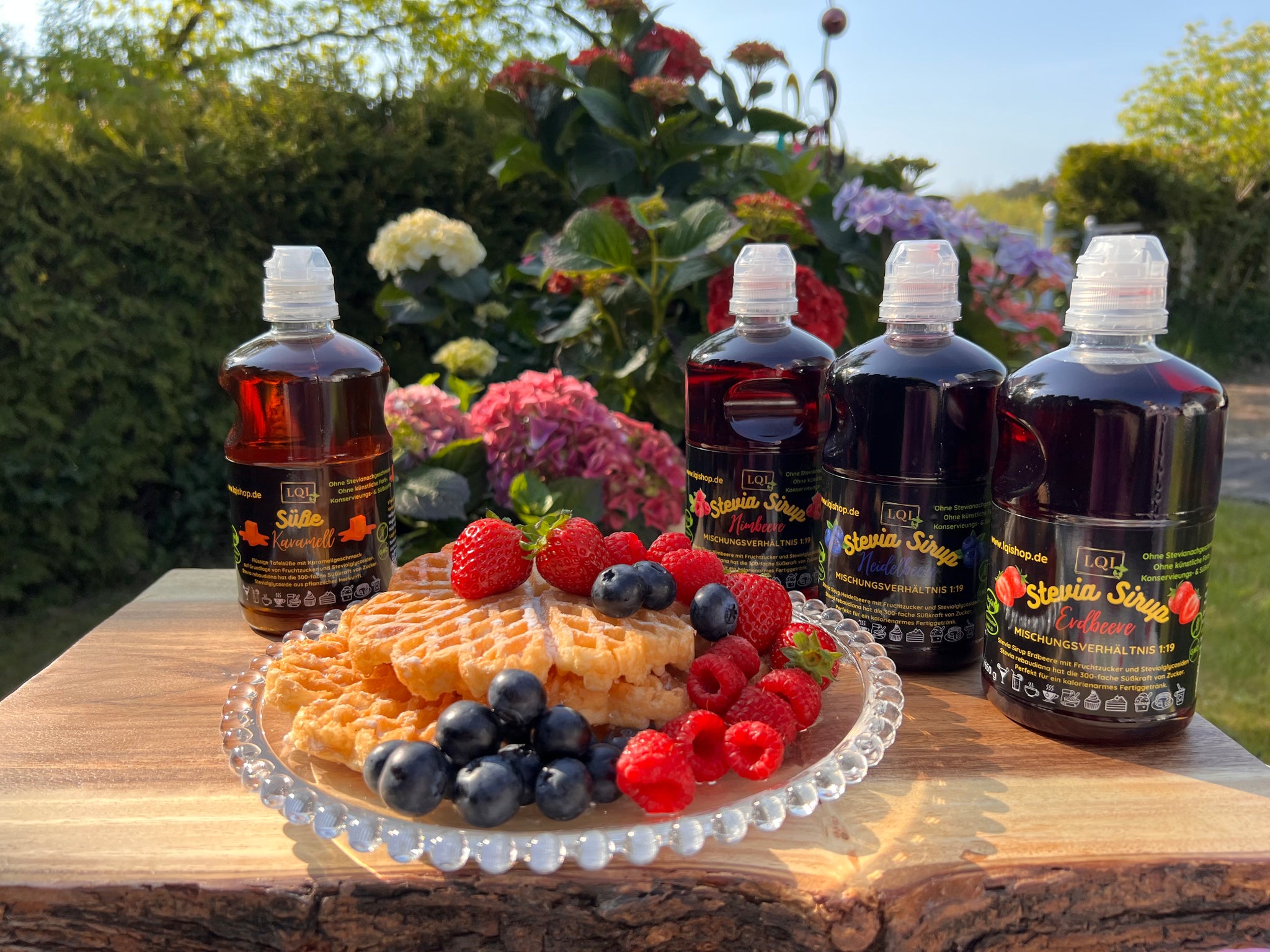 Waffles with raspberries, strawberries, blueberries