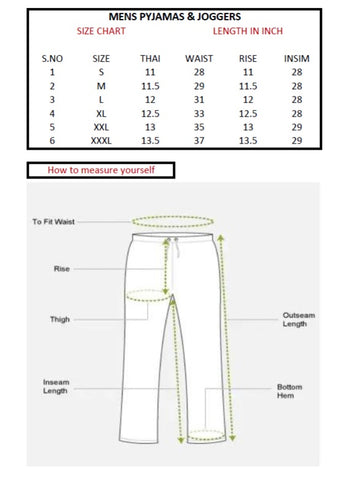 Size chart  MENS TRACK PANT  Pranera