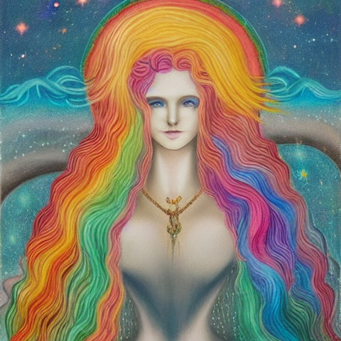 An ethereal-looking woman with rainbow-colored hair