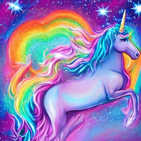 A glittery unicorn astride a rainbow.