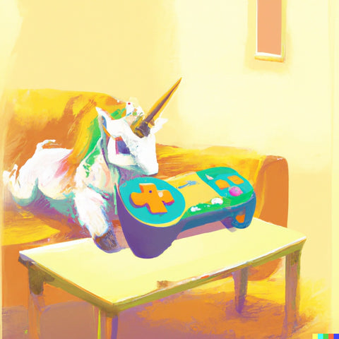 A unicorn nuzzling up to a blue video game controller. 