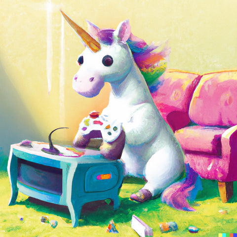 A unicorn with a gold horn playing video games in a living room.