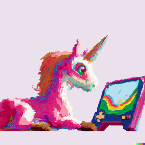 A unicorn playing a portable video game system with a rainbow on the screen.