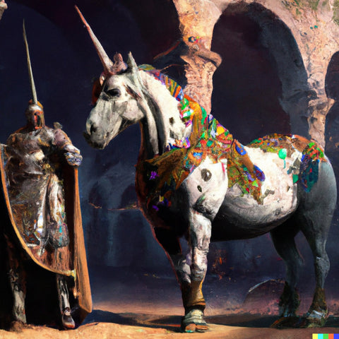 A unicorn standing next to a Roman emperor in all his garb, both by the Colosseum.