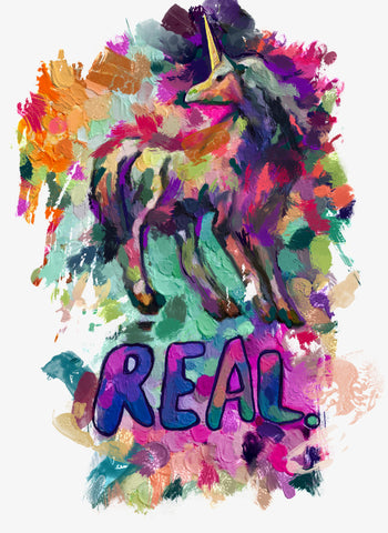 Real Unicorn Apparel's "Real Unicorn" clothing line image of a unicorn amidst an array of color with the word "REAL" underneath in large purple letters.