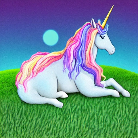A unicorn peacefully asleep resting in a field of grass.