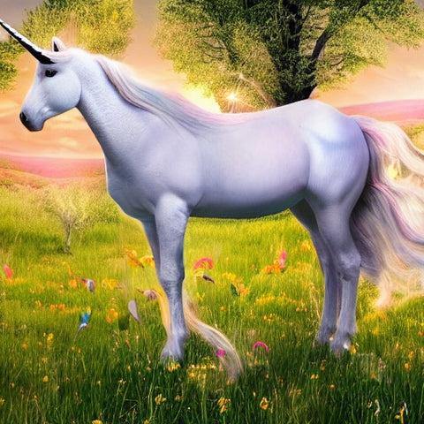 A unicorn in a grassy field.