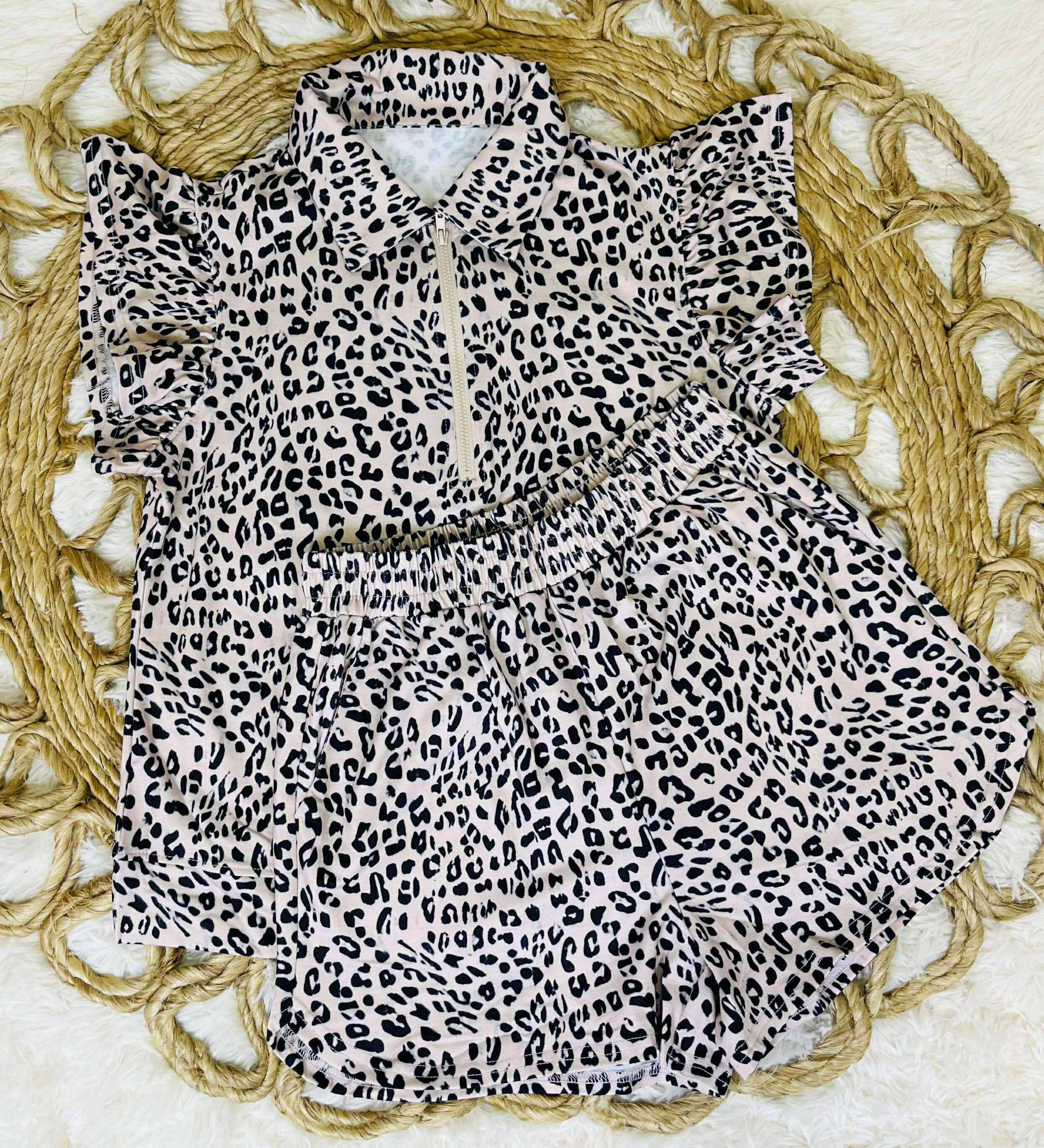 Collared Cheetah Print 2 Piece Shorts Set