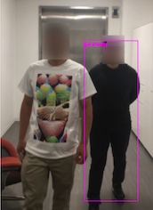 an image of two men, where one is wearing an adversarial patch t-shirt, and an object detection model fails to detect him