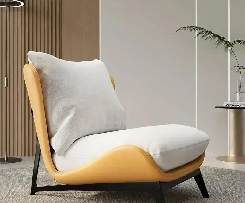 Modern chair with a pillow in a room setting, promotional banner at the bottom.