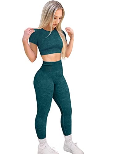 HYZ Workout Sets for Women 2 Piece Acid Wash High Waist Leggings Gym Crop  Top Outfits Darkblue – The Home Fitness Corp