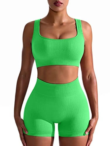 OQQ Workout Outfits for Women 2 Piece Seamless Ribbed High Waist Leggings  with Sports Bra Exercise Set Bamboogreen – The Home Fitness Corp