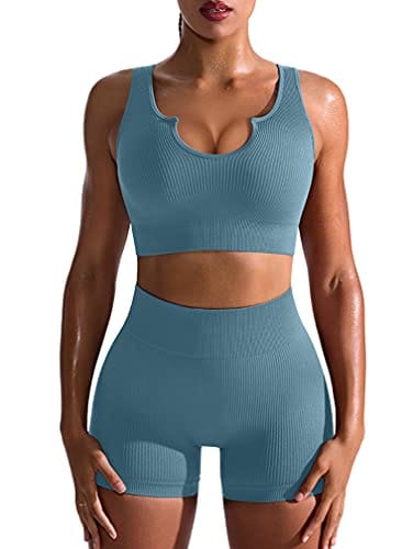 OQQ Workout Outfits for Women 2 Piece Seamless Ribbed High Waist Leggings  with Sports Bra Exercise Set Blue – The Home Fitness Corp