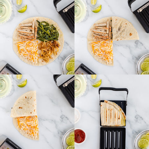 4 images of the progression of how to fold the triangle quesadilla.