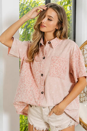 BiBi Mineral Washed Leopard Print Short Sleeve Shirt - Sharon David's 