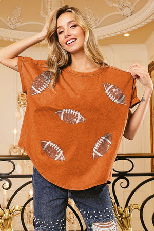 BiBi Football Sequin Embroidery Vintage Washed Top - Sharon David's 
