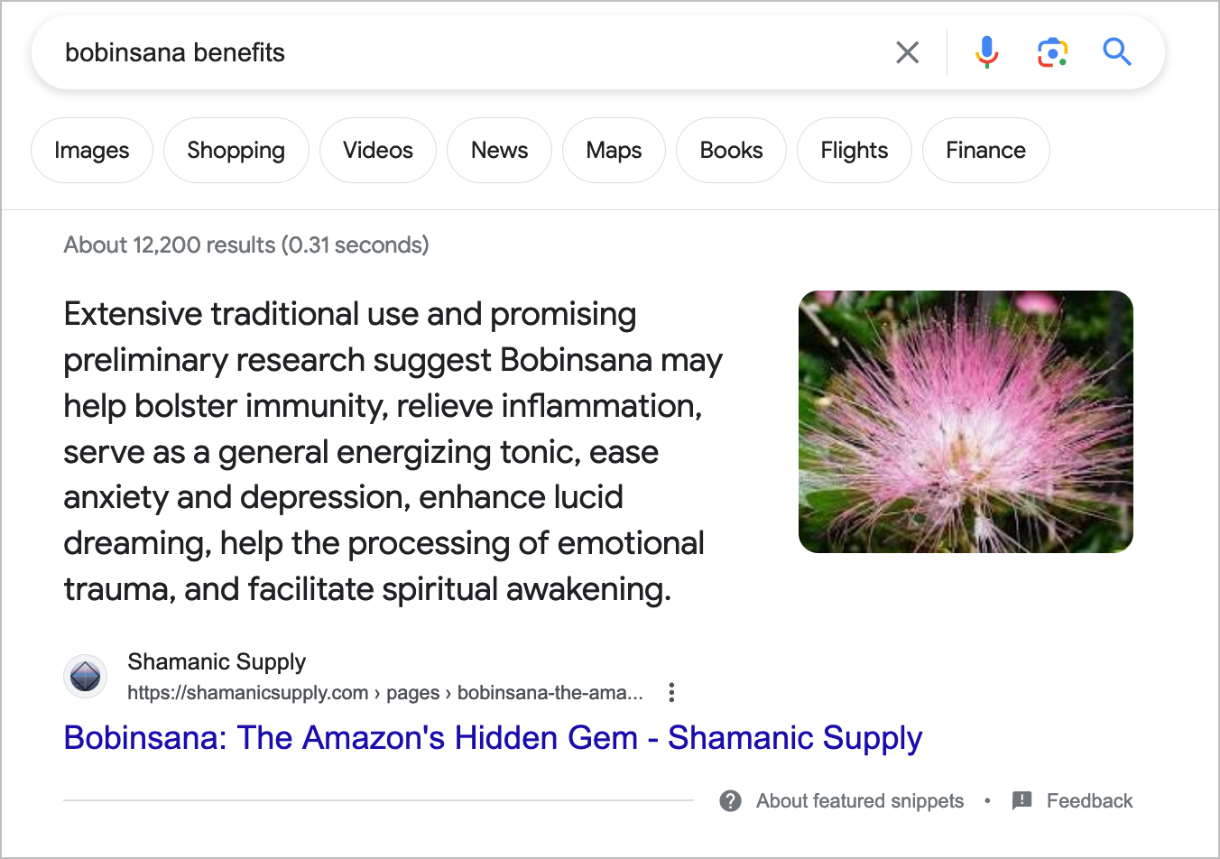 Featured snippet from shamanicsupply.com on desktop for the search query bobinsana benefits.