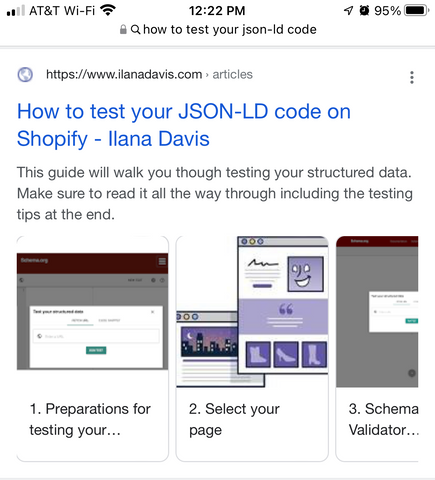 Mobile HowTo Rich Result showing the first 3 steps with images on How to test your JSON-LD code on Shopify article.