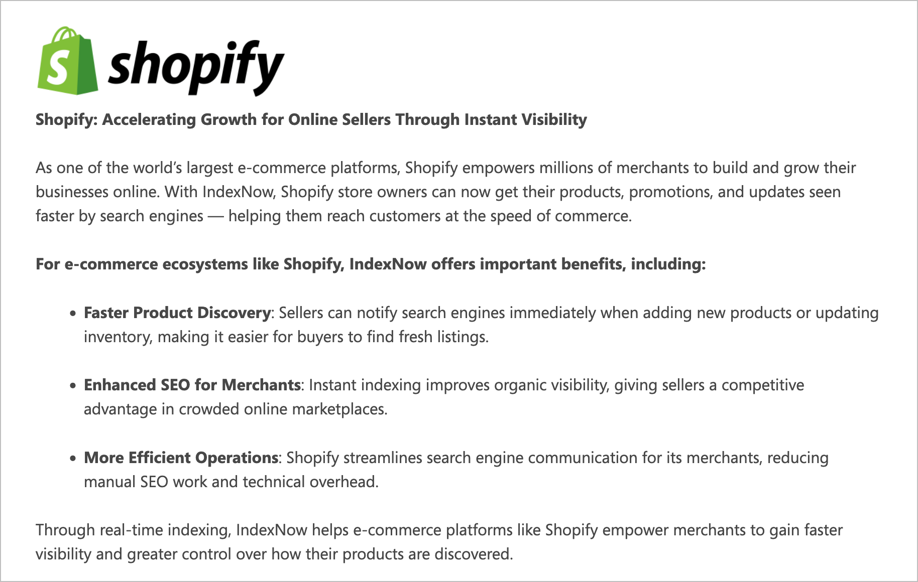 Screenshot from Bing's blog post stating that Shopify supports IndexNow with benefits including Faster Product Discovery, Enhanced SEO for Merchants, and More Efficient Operations.