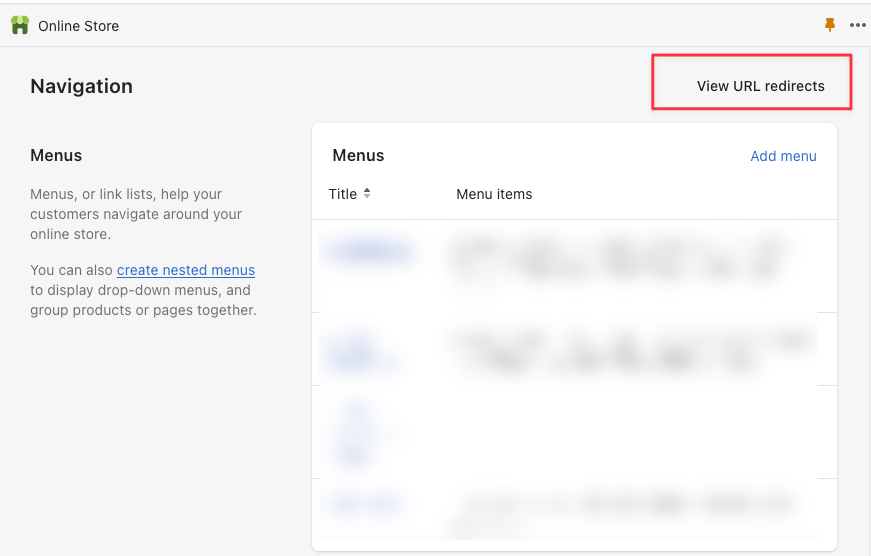 Shopify's Online Store Navigation menu with the View URL redirects submenu in a red box to highlight its location on the top right