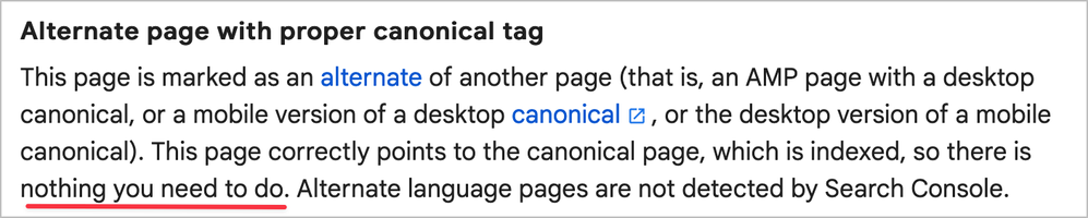 Page Indexing report - Alternate page with proper canonical URL definition in Google's docs.