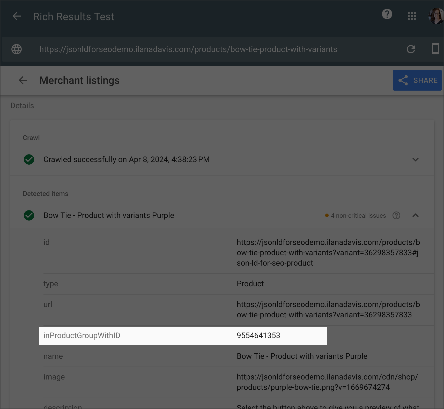 Product Rich Result test showing the Merchant Listing result and highlighting inProductGroupWithID data