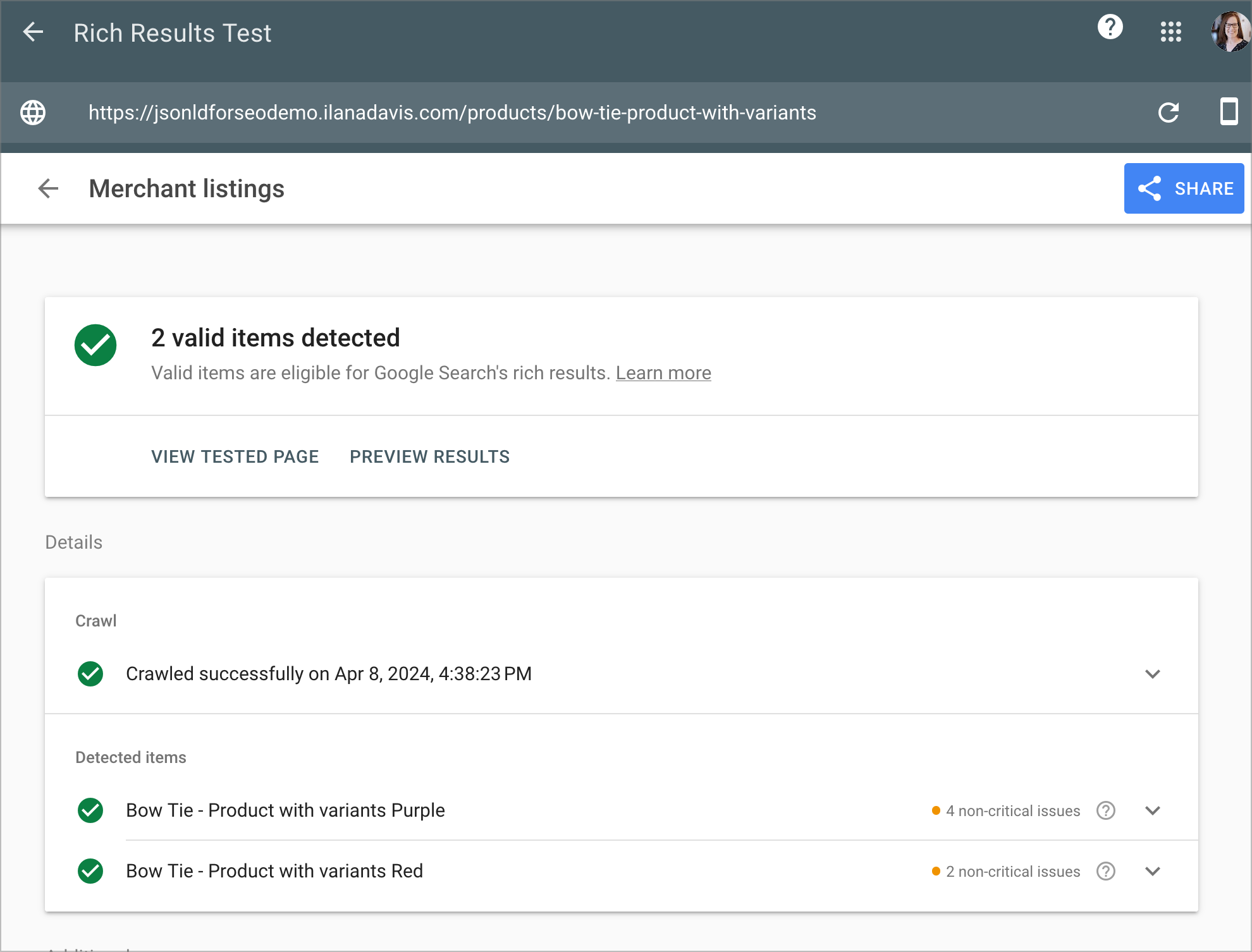 Product Rich Result test showing two items detected, one for each variant