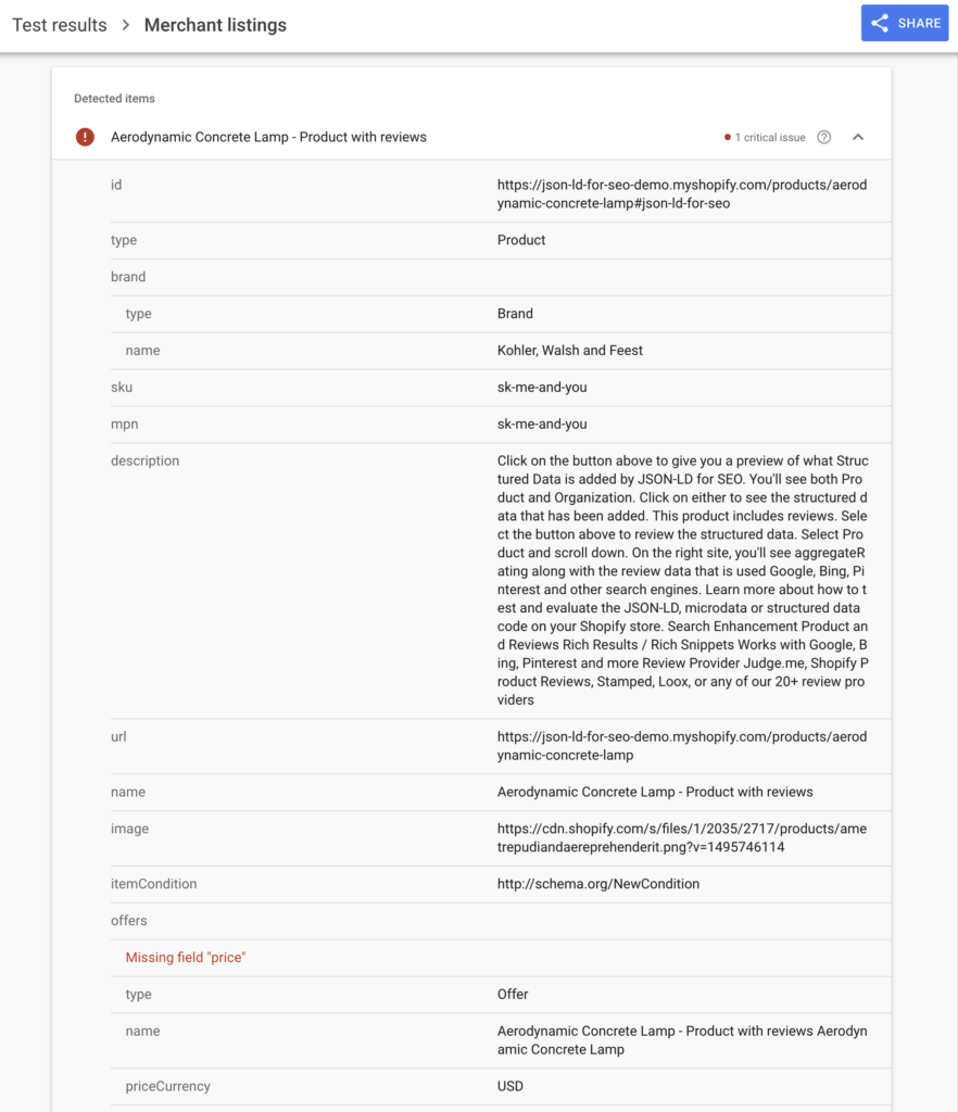 Structured data error as shown in Rich Results Testing Tool and labeled as a Critical Issue