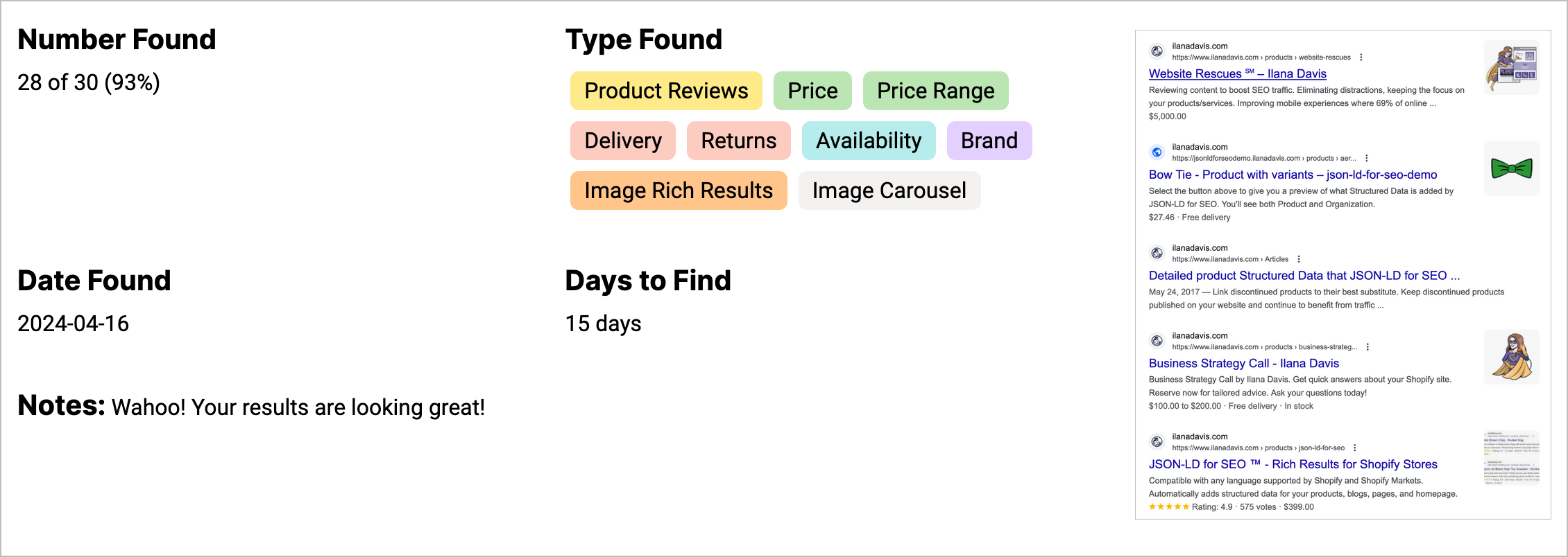 Rich Results Monitoring example from JSON-LD for SEO showing the number, type, date, days, screenshots and notes of when Rich Results were found
