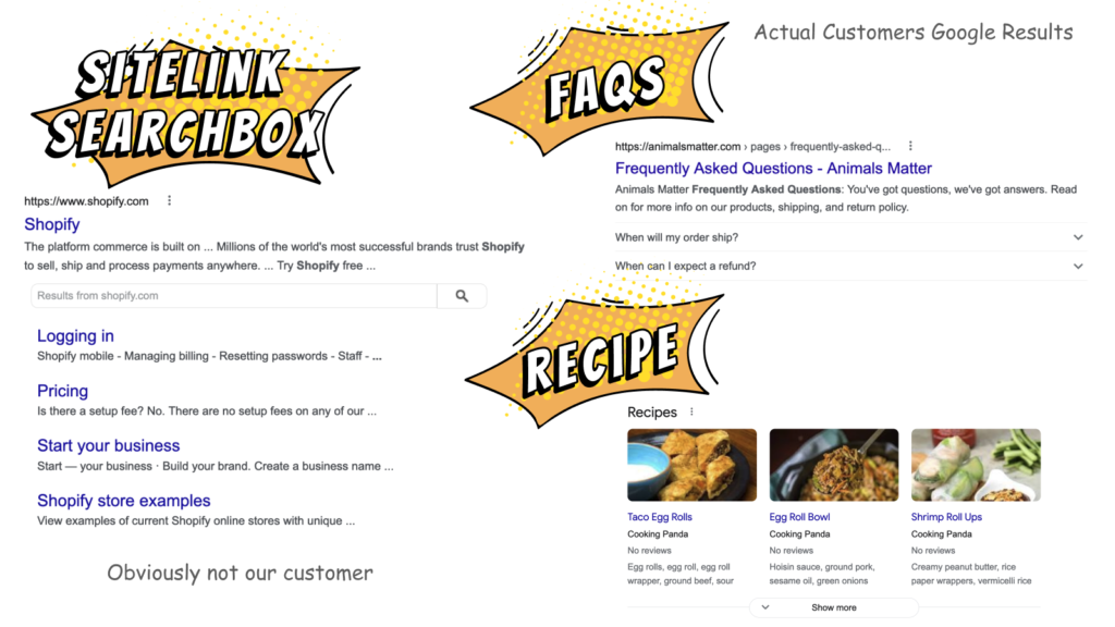 Google Rich Result examples for Sitelink Searchbox, FAQ Page, and Recipies