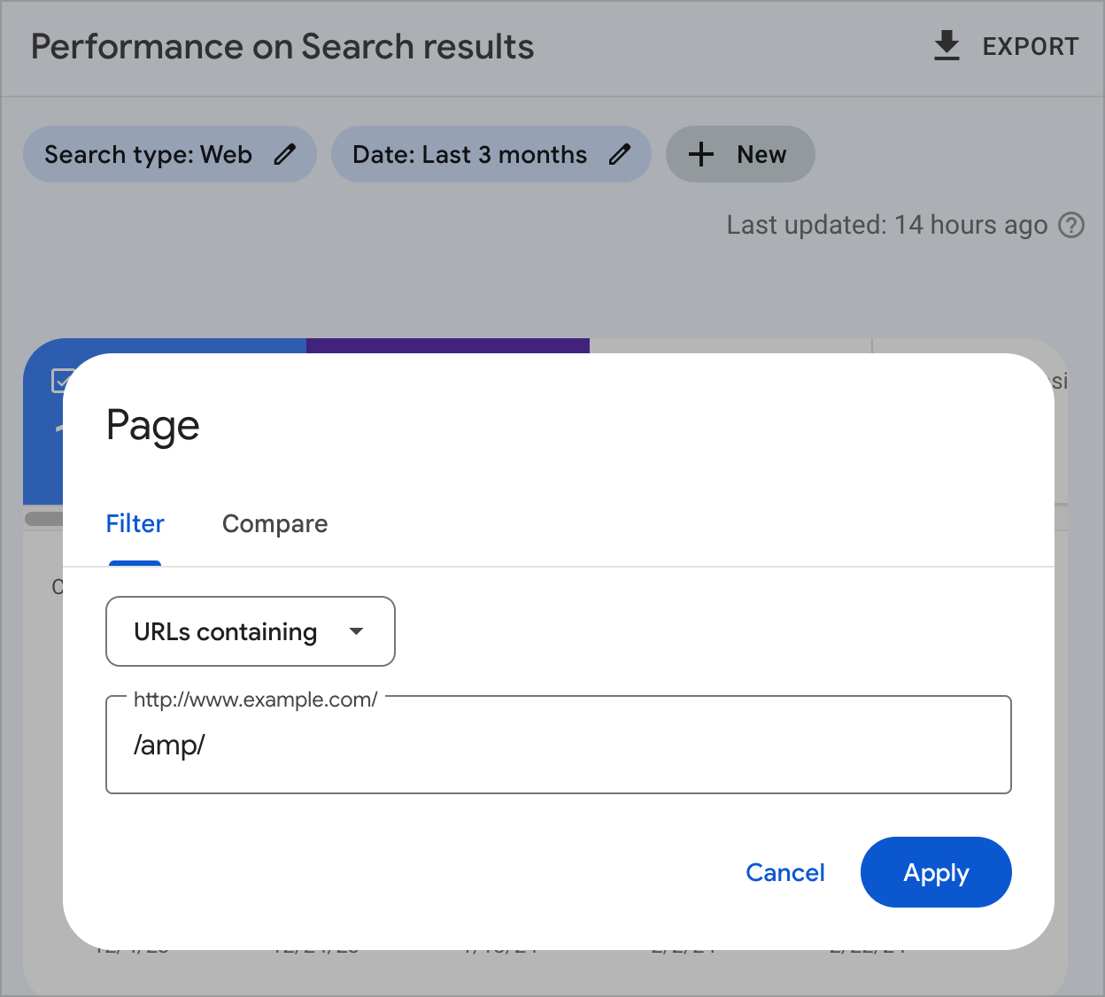 Search Console's Performance report filtering URLs containing /amp/