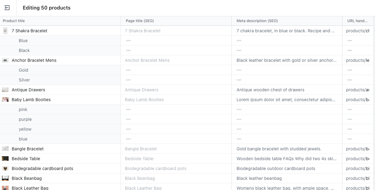 Shopify bulk edit SEO fields