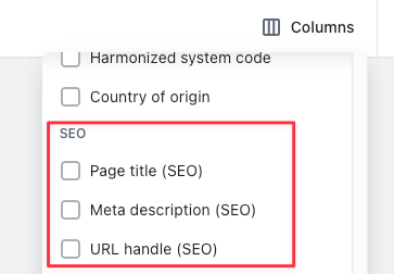 Shopify bulk editor fields highlighting page title, meta description and URL handle