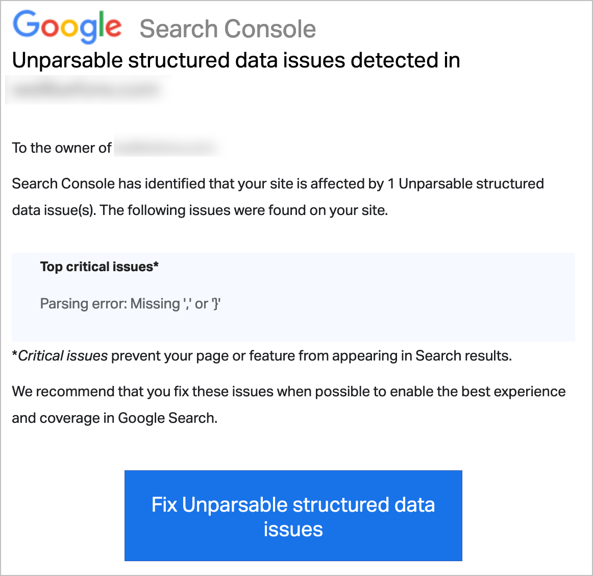 Email from Google Search Console for Unparsable structured data issues