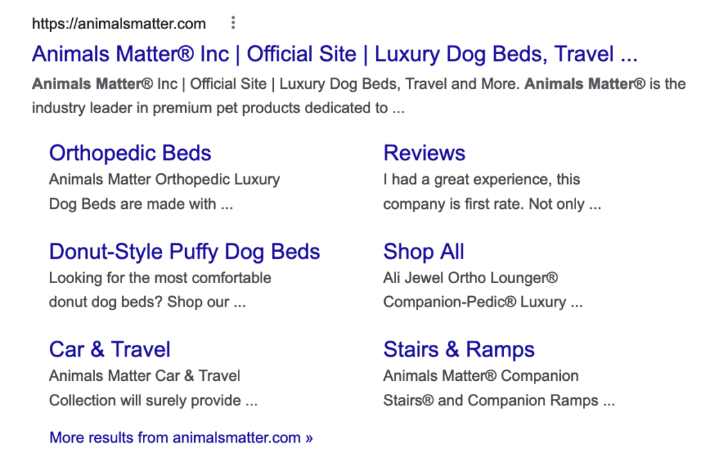 Example of Google Sitelinks for Animals Matter, a Shopify store using JSON-LD for SEO.