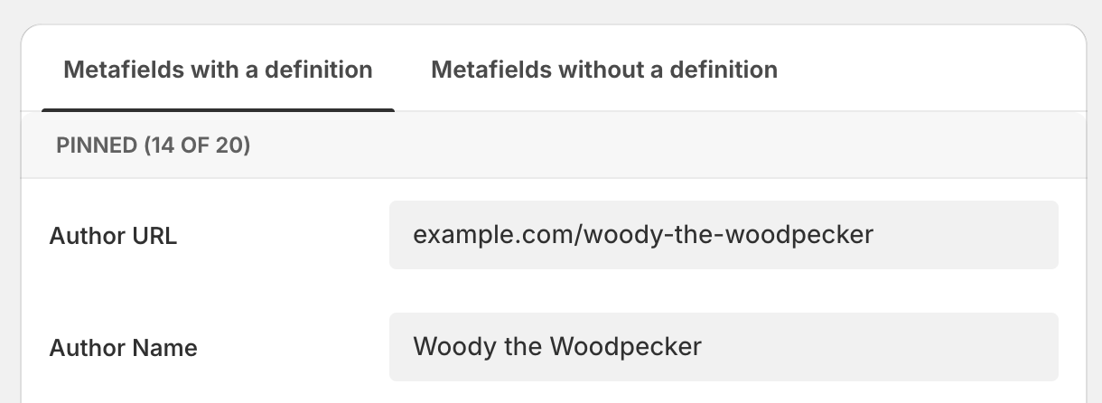 Image of the expected metafield output in Shopify's Metafield section for the author name and author URL.