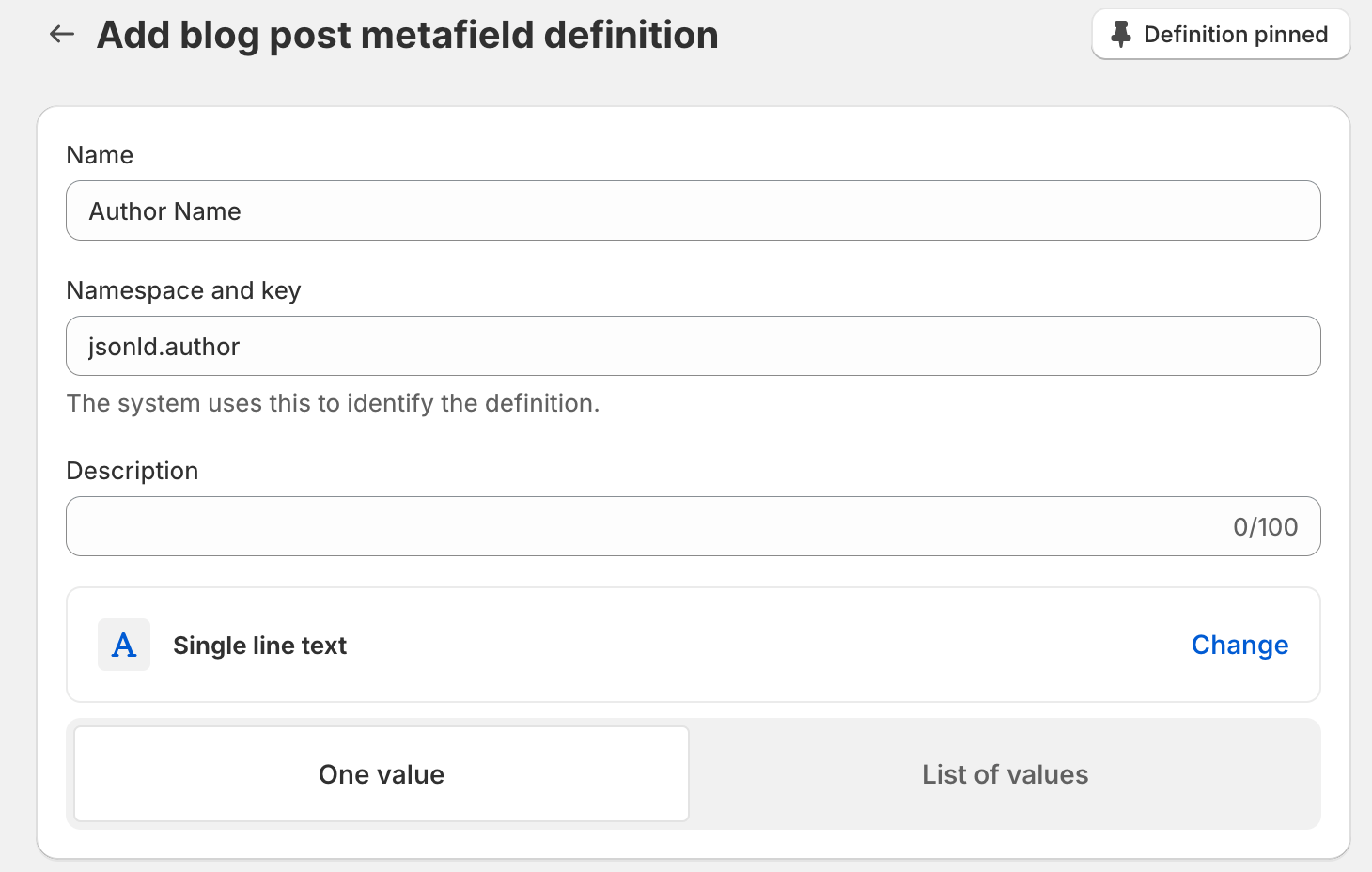 Image of the expected metafield namespace, key and type in Shopify's Metafield section for the author name.